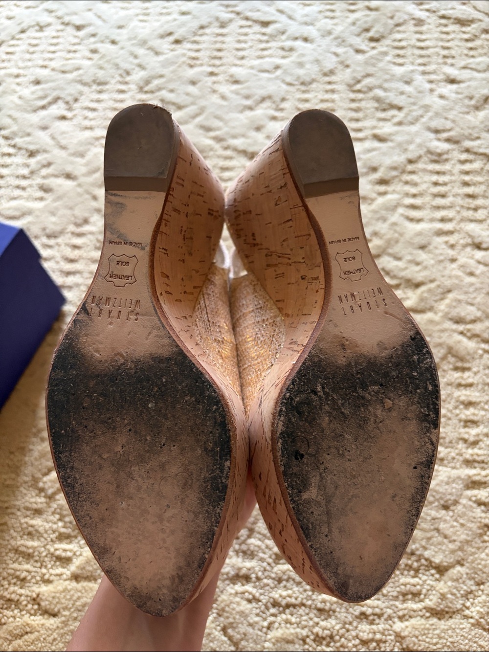 Stuart Weitzman Gold Cork Wedge Slingback Peep-Toe Sandals - Picture 5 of 7